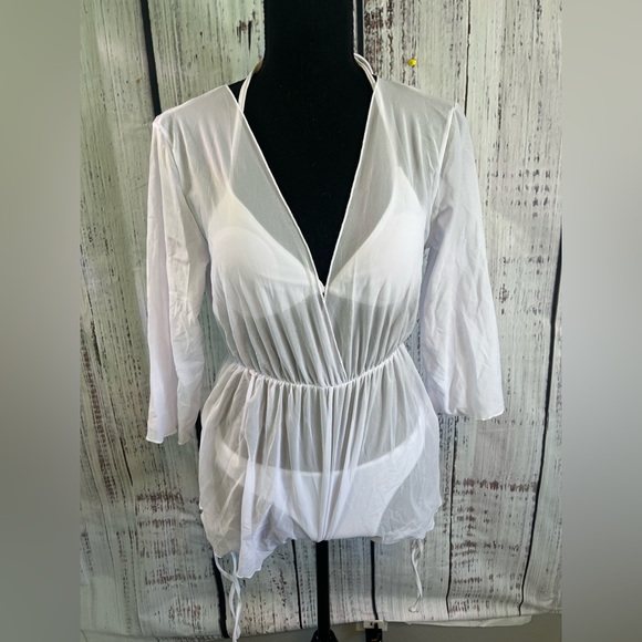 NWOT Women’s 2 Piece Swimsuit With Sheer Cover-up, White, Size Large - Picture 3 of 8